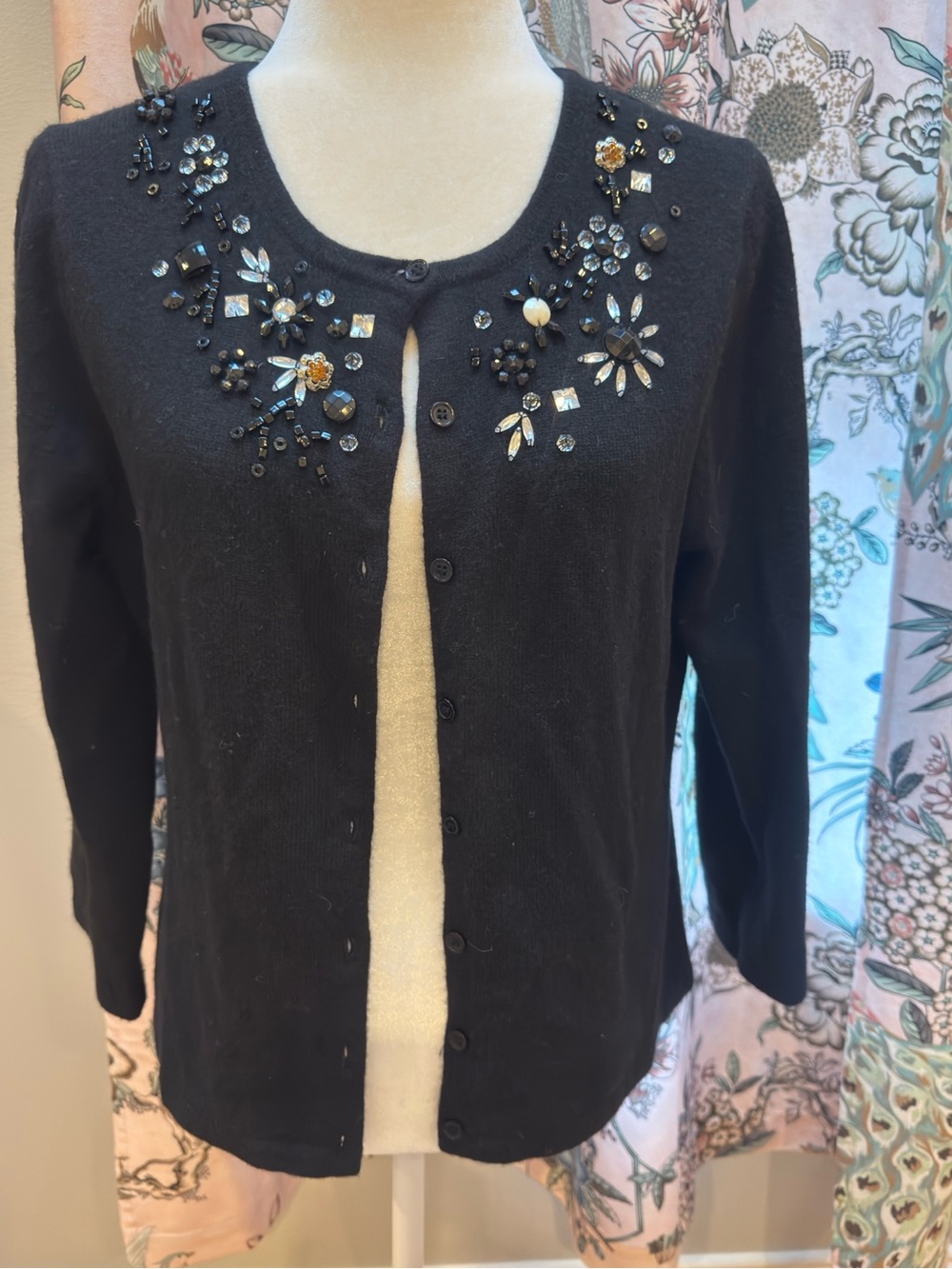 Vintage Garnet Hill Black Embellished Round-Neck Cardigan Sweater hand sewn med
